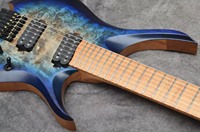 2025 nouvelles frettes ventilées 7 cordes guitare électrique sans tête bleu rafale couleur manche en érable rôti