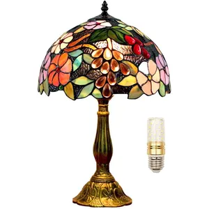 Tiffany Bedside Table Lamp LED E26 Bulb Stained Glass Grape Rose Handmade ON Off Switch Tall Bedroom Home Deco DeskLight Inch