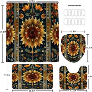 Juego <span class=keywords><strong>de</strong></span> Baño <span class=keywords><strong>de</strong></span> Cuatro Piezas Estilo Bohemio Vintage con Diseño Floral <span class=keywords><strong>de</strong></span> Girasol, Cortina <span class=keywords><strong>de</strong></span> Ducha <span class=keywords><strong>de</strong></span> Poliéster, Tapete <span class=keywords><strong>de</strong></span> Piso y Funda para Asiento <span class=keywords><strong>de</strong></span> Inodoro - Product Image 2