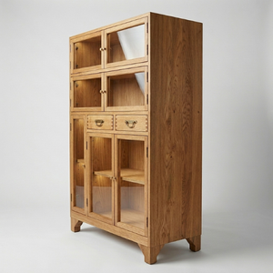 Wood Storage Cabinet With Glass Doors And <b>Drawers</b> Classic Style Three Layer Standing Type For Living Room Organization - Product Image 1