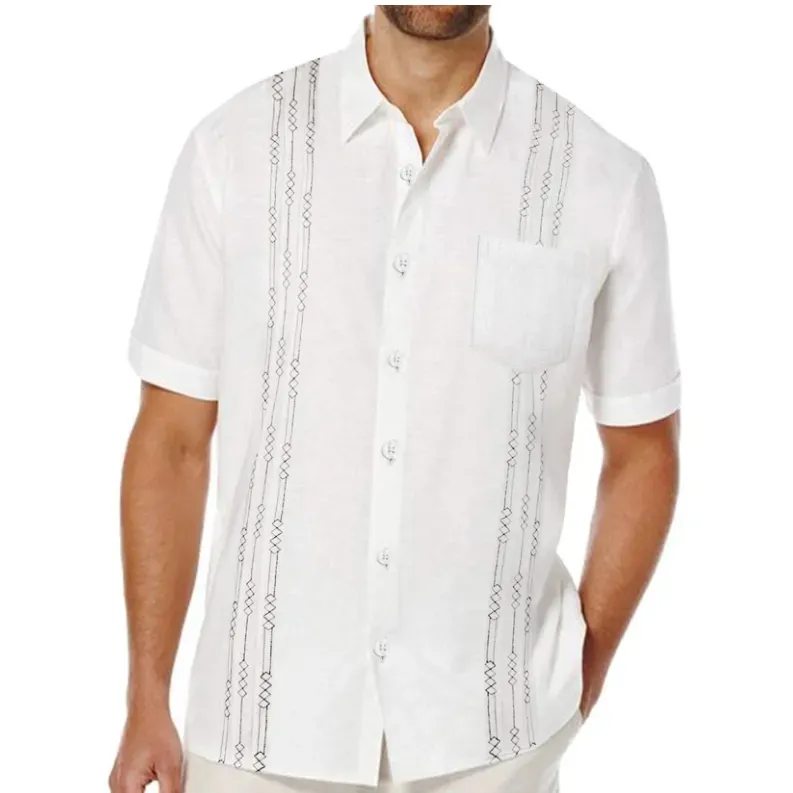 Custom Stripe Embroidery or Print Design Cuban Guayabera Mens Shirts Breathable Short Sleeve Linen Shirt Men