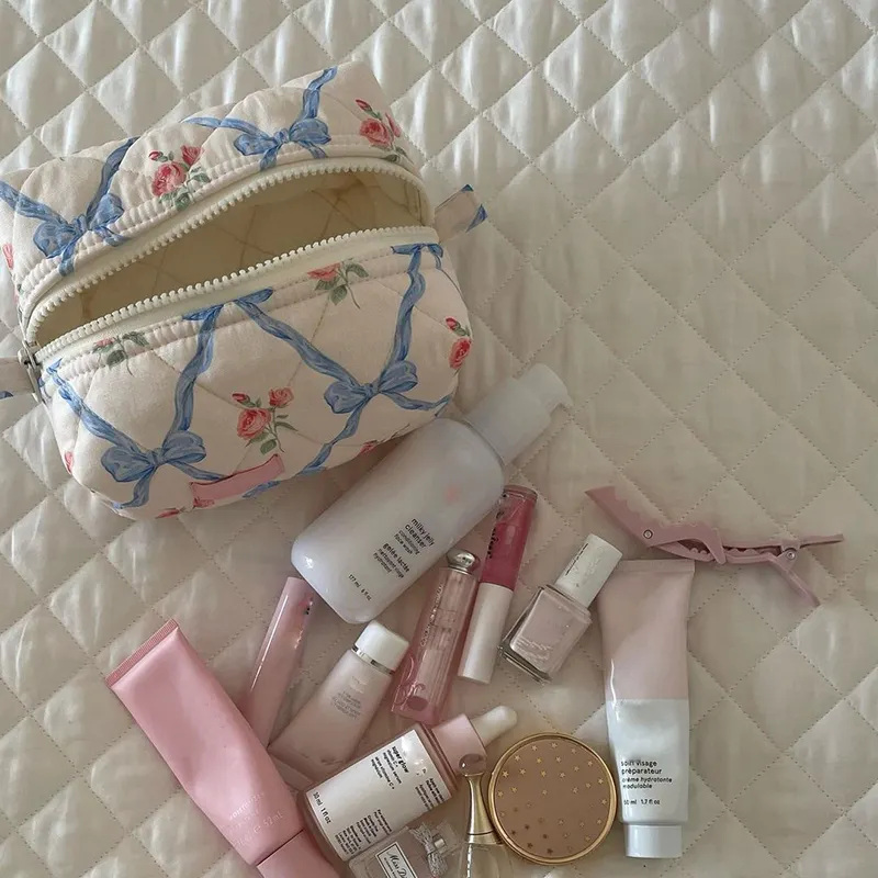 Bolsa de maquillaje de viaje belleza cremallera algodón acolchado estampado Rosa logotipo tamaño personalizado