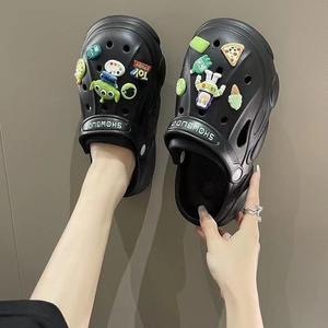Sandales <span class=keywords><strong>Crocs</strong></span> pour femmes, style coréen, motif dessin animé, été, double usage, plage, bout fermé, semelle épaisse, antidérapantes, dessus en PVC, pour couple - Product Image 2