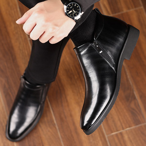 Men Ankle Boots Genuine Leather <b>Pointed</b> <b>Toe</b> <b>Flat</b> Heel Fur Lining Rubber Outsole Chelsea Boots Winter Warm Insulative Business - Product Image 4