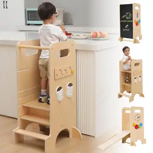 Torre da criança, 4 em 1 banco de cozinha auxiliar de madeira com altura ajustável para balcão de cozinha com corrediça.