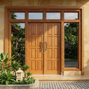 Système de porte principale double en teck massif à 16 panneaux Heritage Manor avec transom et encadrement latéral - Product Image 5