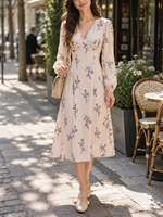 Nouvelle robe florale pour femmes, col en V, manches longues, taille haute, robe midi décontractée pour le printemps, à porter au quotidien