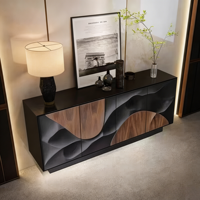 Buffet moderne de luxe avec base en acier carbone, armoire de rangement en contreplaqué à grain de bois pour meubles de salle à manger