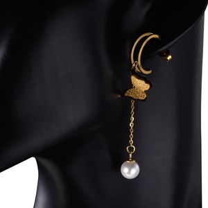 Pendientes de Acero Inoxidable con Baño de Oro de 18K, Estilos Variados, Perlas, Mariposas, Minimalistas, Colgantes, para Mujer - Product Image 2