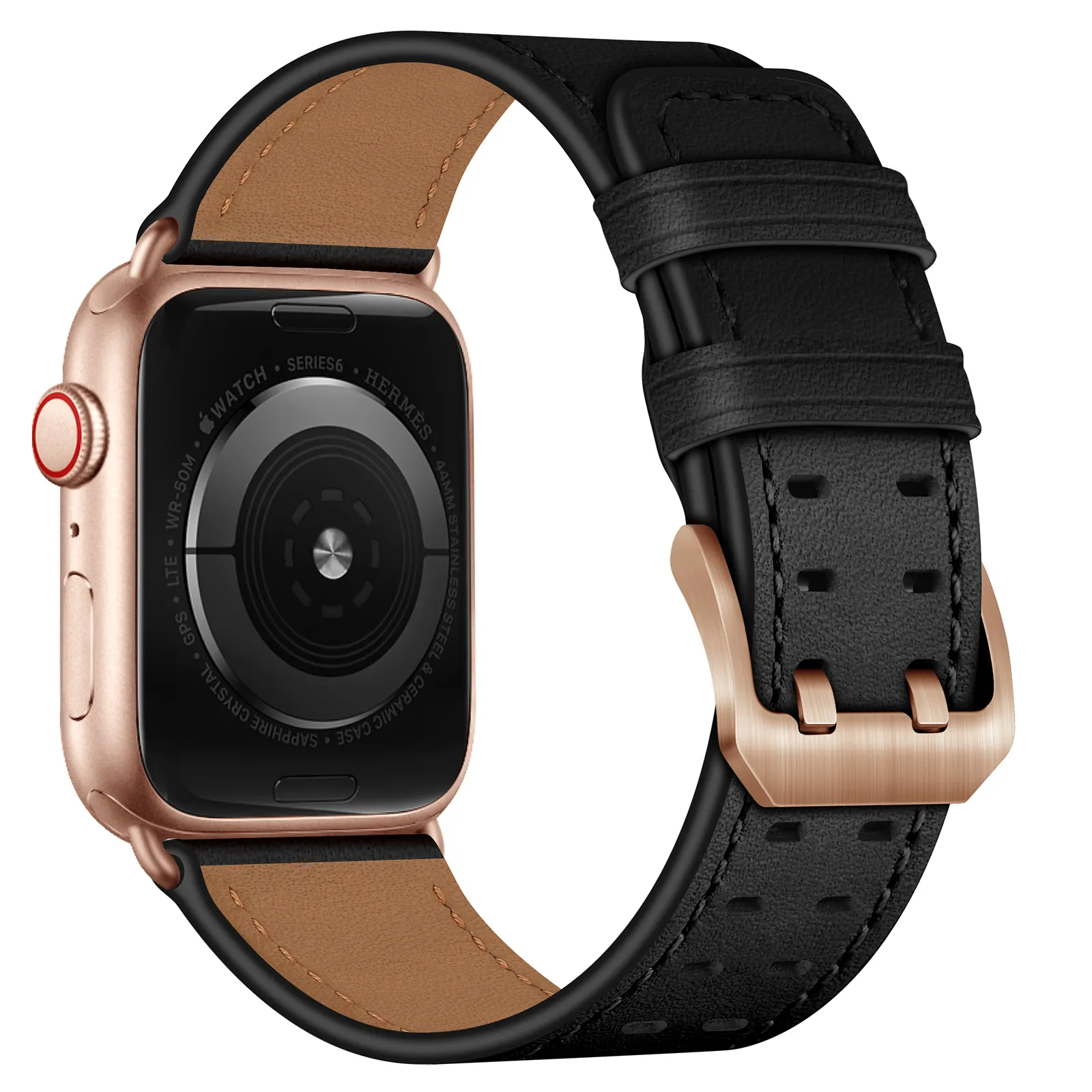 Good Quality Rose Gold Double Buckle Genuine Leather Watch Bands Black Leather Watch Straps 38mm/40mm/41mm For Apple Watch
