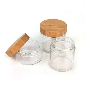 Clear Round <b>Big</b> Capacity <b>Glass</b> Cosmetic <b>Jars</b> for Cream with Bamboo Lid - Product Image 1
