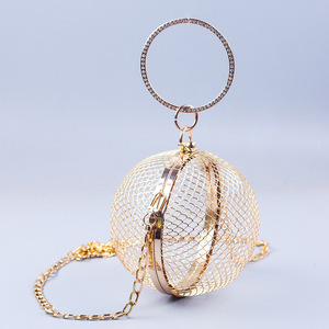 <span class=keywords><strong>Bolso</strong></span> de noche tipo jaula esférica de malla metálica plateada y dorada para mujer, con asa de anillo de diseñador, ideal para bodas y fiestas. - Product Image 3
