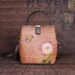 Sac Ando vintage en cuir de vache véritable embossé, sac seau à bandoulière pour femmes - Product Image 3