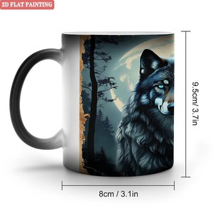 Tasse en céramique 11oz noire givrée, mug à changement de couleur activé par la chaleur, motif loup, peinture 2D plate - Product Image 1