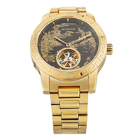 Montre mécanique de luxe en gros avec bracelet en acier doré, cadran gravé motif montagne et rivière chinois vintage, squelette tourbillon pour homme