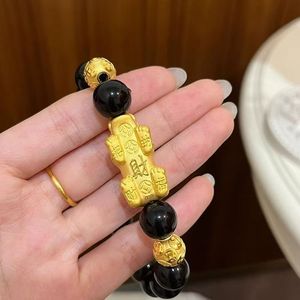 Gelang manik-manik batu Obsidian klasik pria wanita, gelang uniseks emas hitam Pixiu kekayaan keberuntungan - Product Image 2