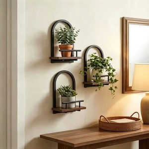 Wooden <b>Wall</b> <b>Mounted</b> <b>Shelf</b> With Iron Frame For Living Room Plant Display And Storage - Product Image 1