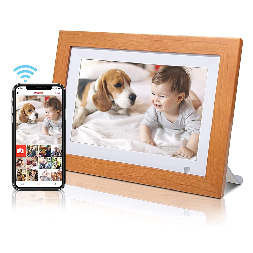 Top sell 1280x800 IPS Touch Screen wood frames Smart Cloud WiFi 10.1 Inch Digital Photo Frame with Frameo APP white mat