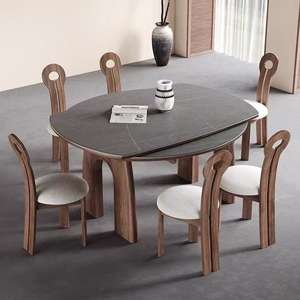 <b>Extendable</b> <b>Round</b> Slab Dining <b>Table</b> <b>And</b> <b>Chairs</b> Set 6 Piece For Dining Room Home Use - Product Image 1