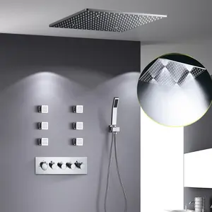 Torneira de chuveiro quadrada 500x500mm, conjunto de torneira de cabeça de chuva led com névoa de chuva, 4 vias de desvio de chuveiro termoestático com jets corporais