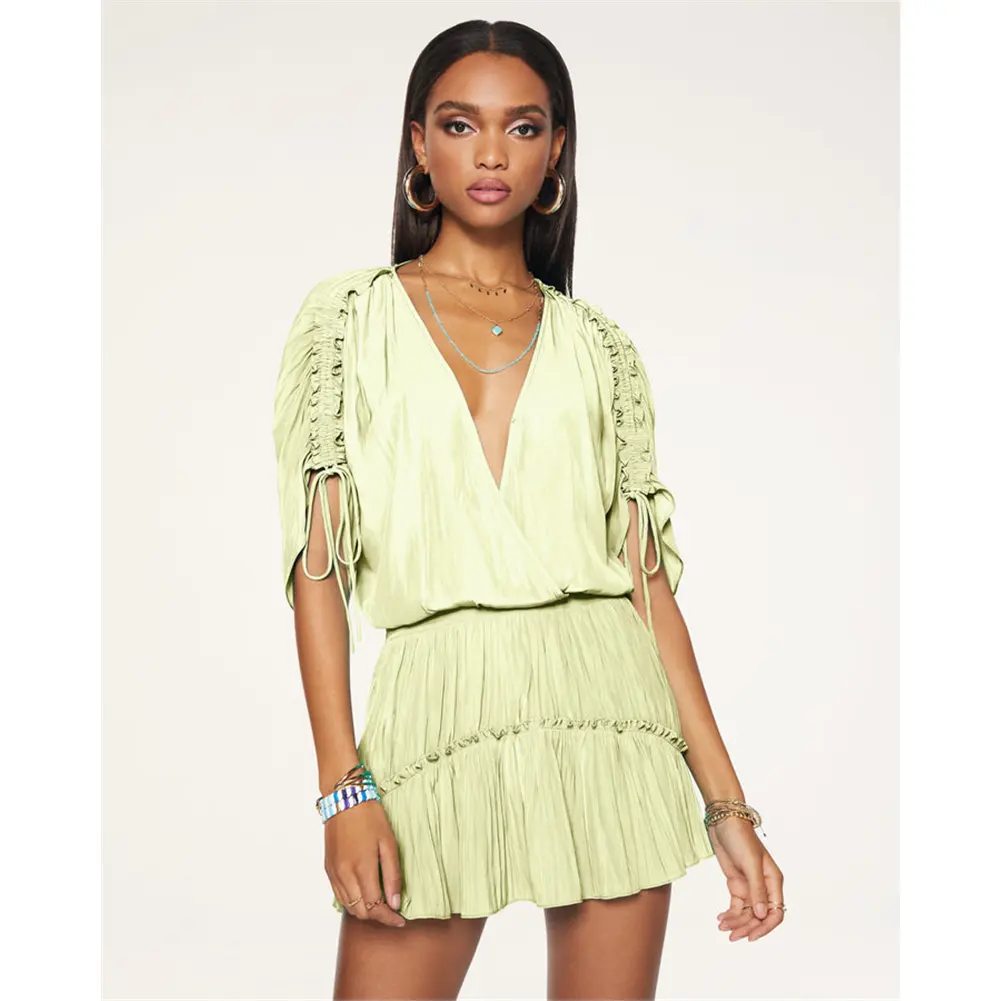 Green Summer Solid Color Puff Short-sleeved V-neck fringe tassel dresses gathered skirt mini linen Elegant Casual dress