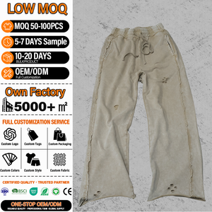 Men's Vintage Distressed Sweatpants <b>Drawstring</b> Waist Heavyweight Washed Baggy <b>Trousers</b> for Streetwear - Product Image 1
