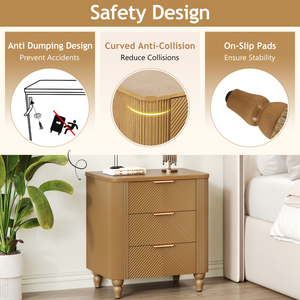Mid Century Fluted 3 <b>Drawer</b> Nightstand <b>With</b> Gold Handles Bedside Table For Bedroom <b>Storage</b> - Product Image 4