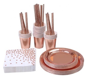 Meilleures ventes, assiettes en papier, serviettes, tasses, pailles, assiettes, fournitures de fête en or <span class=keywords><strong>Rose</strong></span>, <span class=keywords><strong>vaisselle</strong></span> de mariage <span class=keywords><strong>jetable</strong></span> - Product Image 1