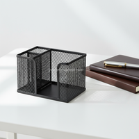 Organisateur de fournitures de bureau carré à 3 compartiments personnalisable, en maille noire, porte-stylos, plateau pour notes autocollantes, rangement en métal