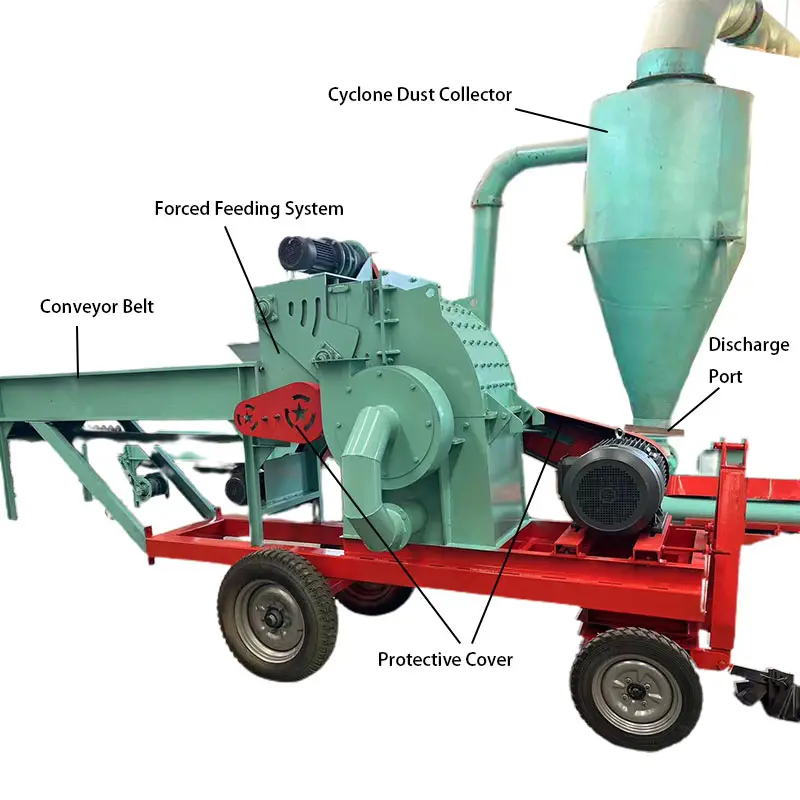 آلة تحطيم آلة صنع مسحوق الخشب والأوراق والأغراض والفروع بمحرك كهربائي متنقل بقوة 1-2 طن/ساعة مع جهاز جمع غبار الإعصارة