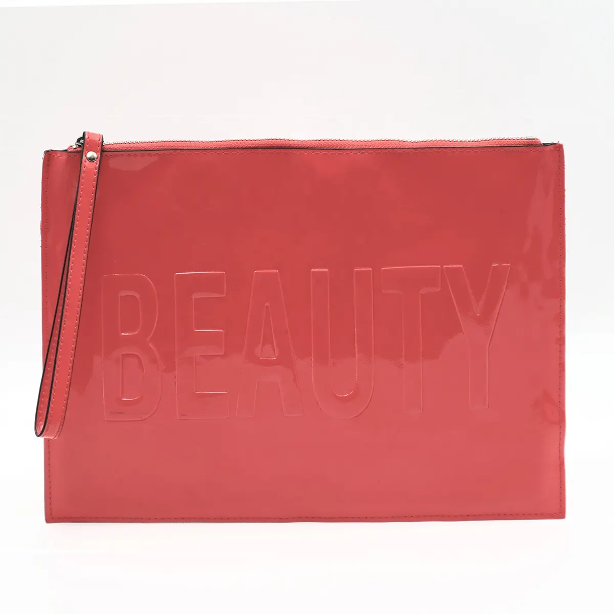 Özel parlak PU deri kırmızı debriyaj güzellik çanta ile kabartmalı logosu bilek şerit yüksek kaliteli belge organizatörü fermuar çanta