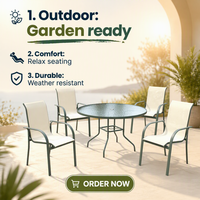 Table de jardin moderne en acier Teslin Joyeleisure avec plateau en verre et 4 chaises pour jardin, cour et parcs