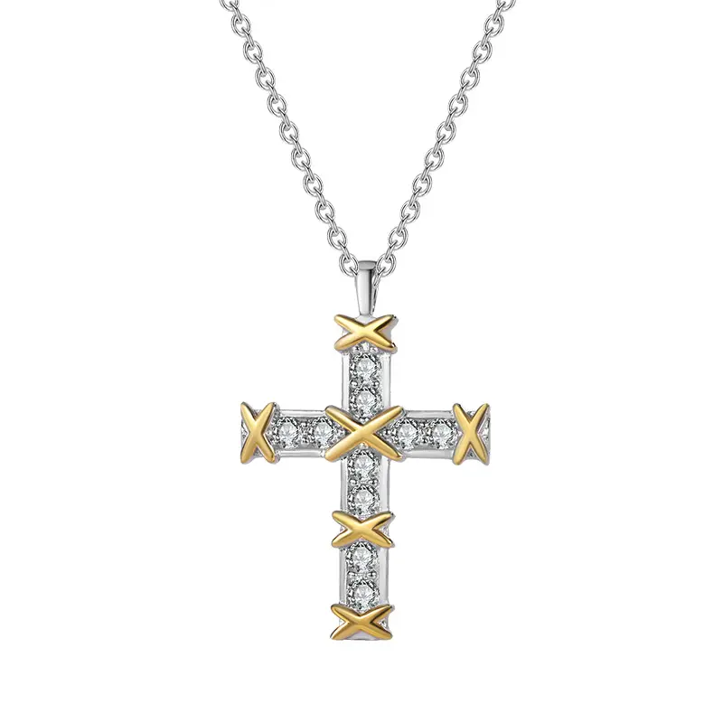 Оптовая продажа, изготовленное на заказ 925 стерлингового серебра, двухцветное колье с крестом из муассанита, индивидуальное ожерелье в форме Креста XO для женщин