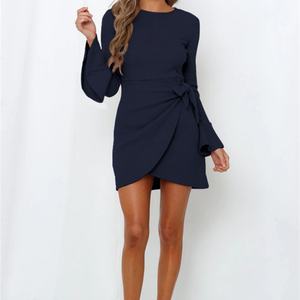 Vestidos de mujer elegantes de manga larga con volantes, manga trompeta, lazo y textura gofrada, estilo casual y con temperamento. - Product Image 4