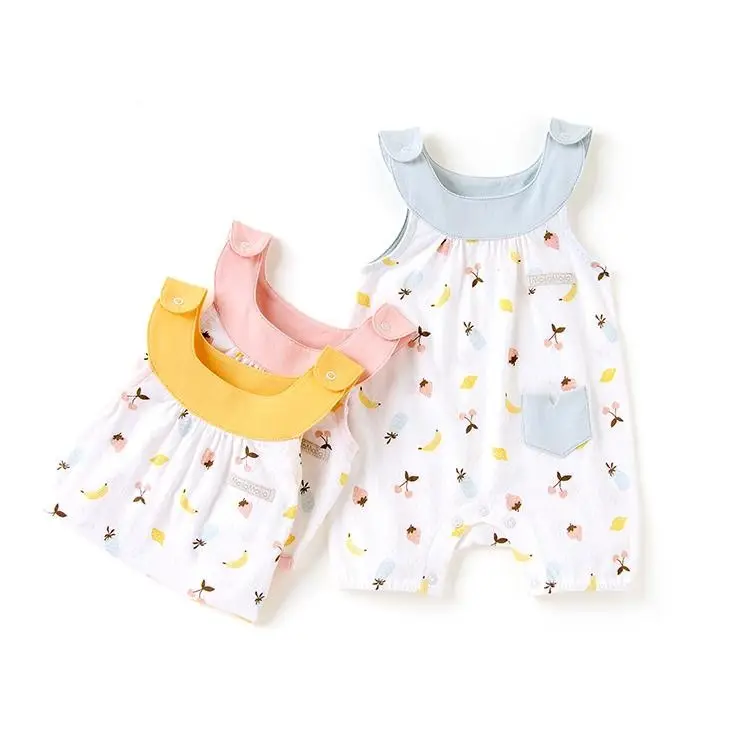 2024 bebek romper yaz kolsuz mavi pembe sarı butik giysi yumuşak 0-3 yıl moda çiçek bebek tulumları