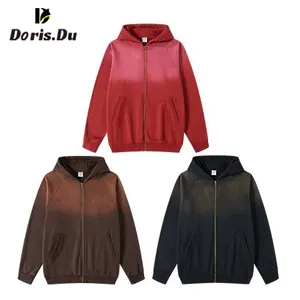 Hot Sale Gradient Color Dissressed Men's Oversized Zip Up Hoodie Printing Acid Washed Custom Embroidery Logo Sweatshirts