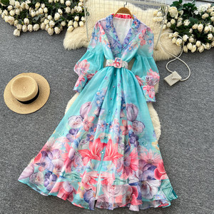 ชุดเดรสแขนยาวพิมพ์ลายวินเทจสำหรับผู้หญิง ชุดฤดูใบไม้ผลิ ชุดเดรสยาวทรงเข้ารูปผูกเอวหรูหราสำหรับ <span class=keywords><strong>Com</strong></span> - Product Image 5