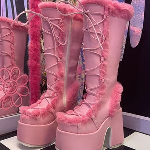 Plus Size Fuzzy Botas Dama Roman Style Women Knee Height Platform Chunky Heel Fur <b>Boots</b> for Women - Product Image 3