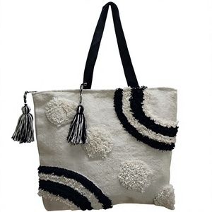 Bohemian Canvas <b>Tote</b> <b>Bag</b> With Tassel Decoration Geometric Pattern Two Straps Open Closure All Seasons Shopping <b>Bag</b> two straps - Product Image 1