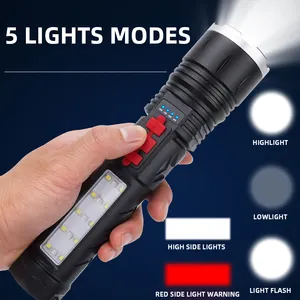 XHP50 Power Display Torch Tactical TYPE-C Side Flood Light 5 Light Modes Camping Aluminum Buzzer Alarm Led Flashlight