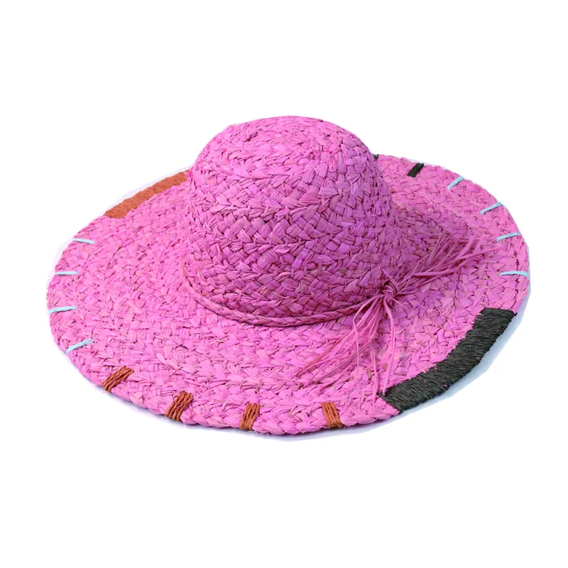 100% Handmade Custom Color Straw Weaving Hats Wide Brim Mexican Sombrero Playa Summer Panama Fedora Pink Wide Brim Straw Hat