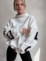 Sweat-shirt oversize pour femme à col montant, en modal et molleton de coton, avec impression 3D en relief, pull décontracté