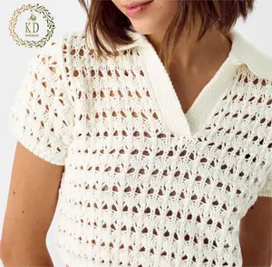 KD Strickwarenhersteller individuelles Logo Muster Sommer Netz Baumwolle offen gestrickt Kurzarm Polo Shirt Damenpullover