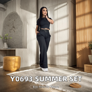 Nouvel ensemble tendance d'été décontracté et écologique à col rond, coupe ample, pour le quotidien, avec haut court et pantalon large à manches courtes - Product Image 2