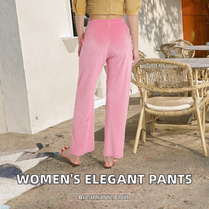 Pantalon large rose pour femme, décontracté, long, taille élastique, coupe ample, en velours, style loungewear - Product Image 2