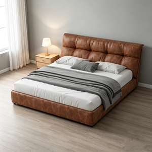 Cama matrimonial de cuero genuino color camel con caja de almacenamiento alta, para <span class=keywords><strong>dormitorio</strong></span> principal y secundario, con paquete de accesorios suaves. - Product Image 3