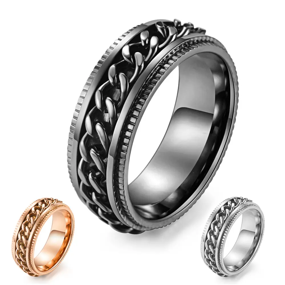 Black / Rose Gold / Silver Color Rotatable Chain Ring Titanium Spinner Ring Men Party Accessories Male Unique Jewelry