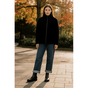 <span class=keywords><strong>Manteau</strong></span> décontracté pour femme en polaire texturée à col montant noir avec fermeture éclair, silhouette ample, poche latérale décorative, confortable et <span class=keywords><strong>chaud</strong></span> - Product Image 5