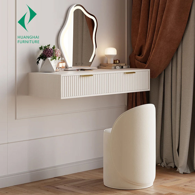 Wholesale Luxury Modern Floating Wall-Mounted Dressing Table with LED Lighted Mirror Foldable Design and Drawers