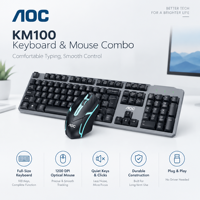 Ensemble clavier et souris filaire AOC KM100, noir, rétroéclairage arc-en-ciel, sensation mécanique, 104 touches, USB, pour jeux PC et bureau